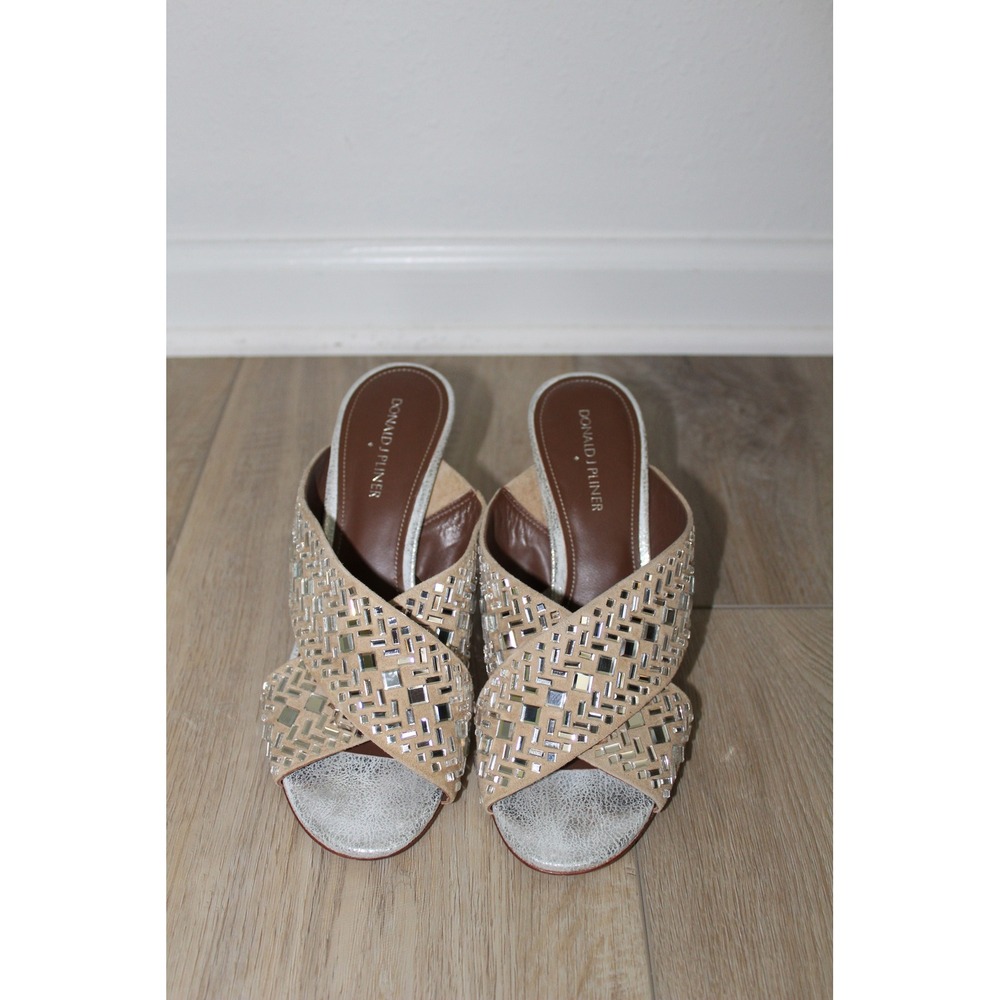 Donald J Pliner Mirrored Studded Suede Cork Block Heel Sandals Beige Silver 8.5M